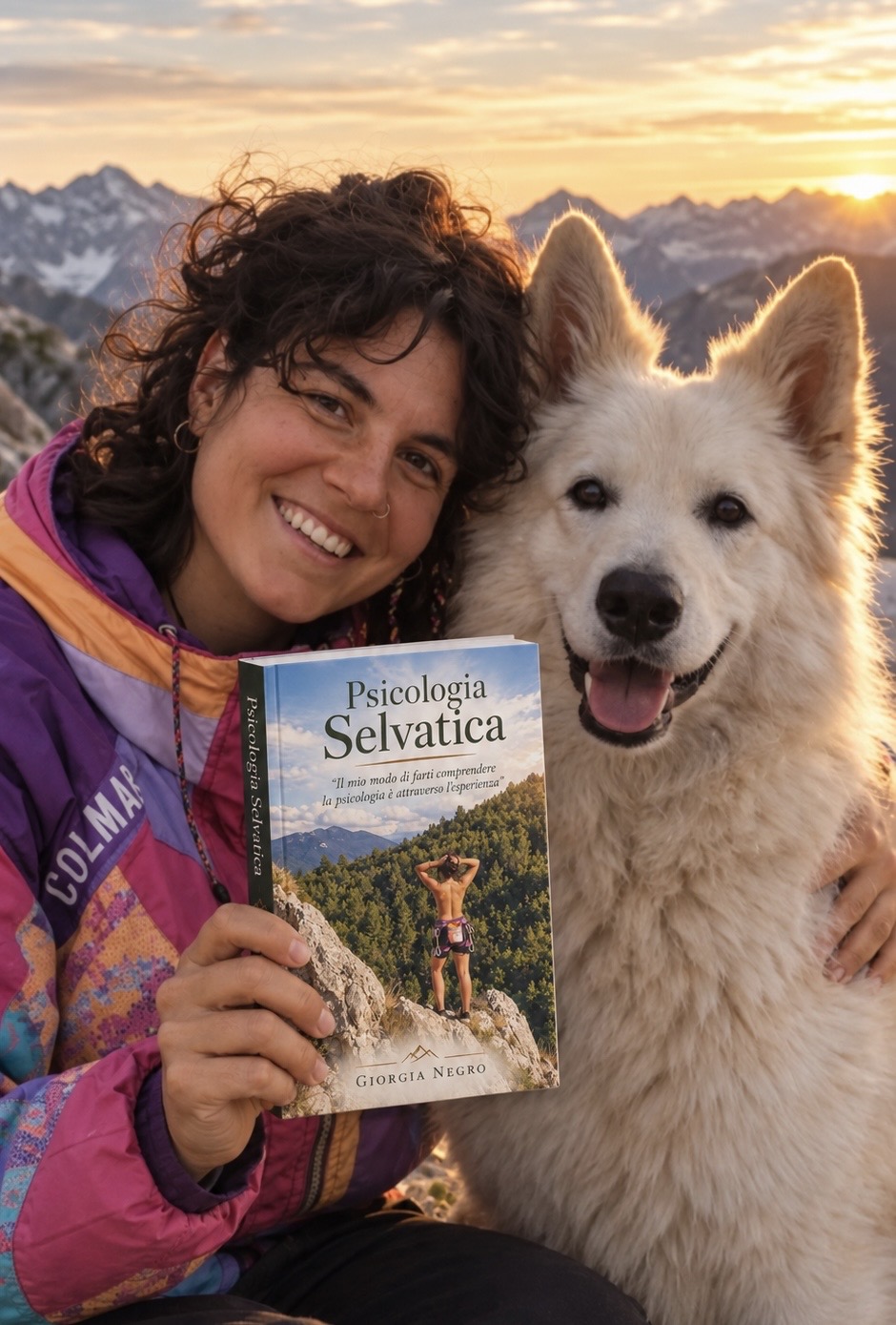 Giorgia sorridente su una montagna al tramonto, con il suo cane bianco e in mano una copia del libro Psicologia Selvatica.