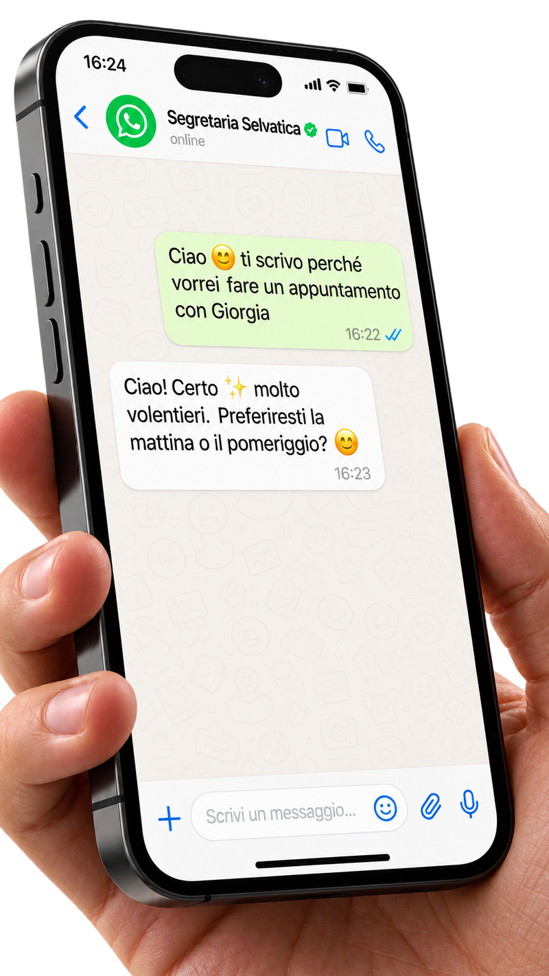 Una mano regge uno smartphone con una conversazione WhatsApp aperta con la Segretaria Selvatica.