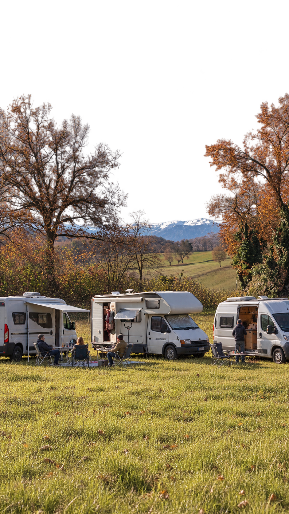Un gruppo di amici in viaggio in camper, accampati in un prato tra le colline in autunno.